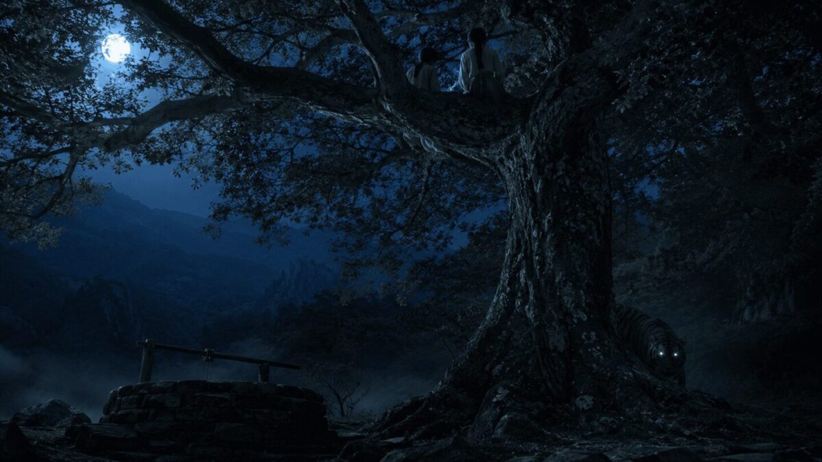 Brother and sister hiding in a tree from the tiger in the Korean sun and moon myth