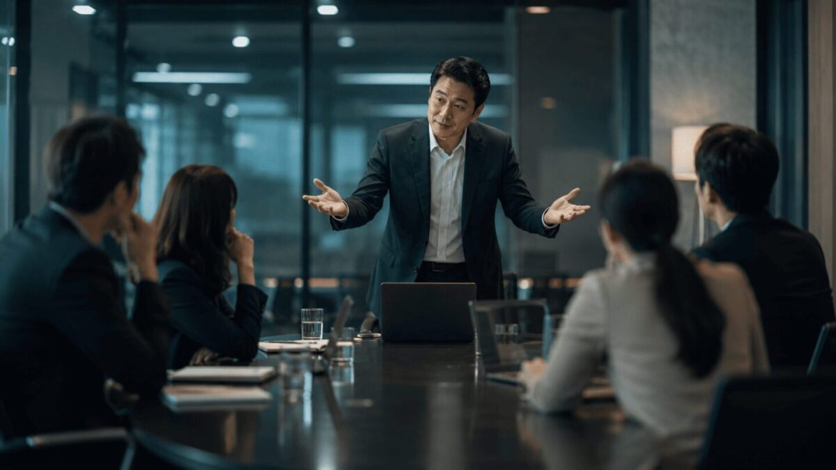 Office meeting scene showing a workplace dapjeongneo situation