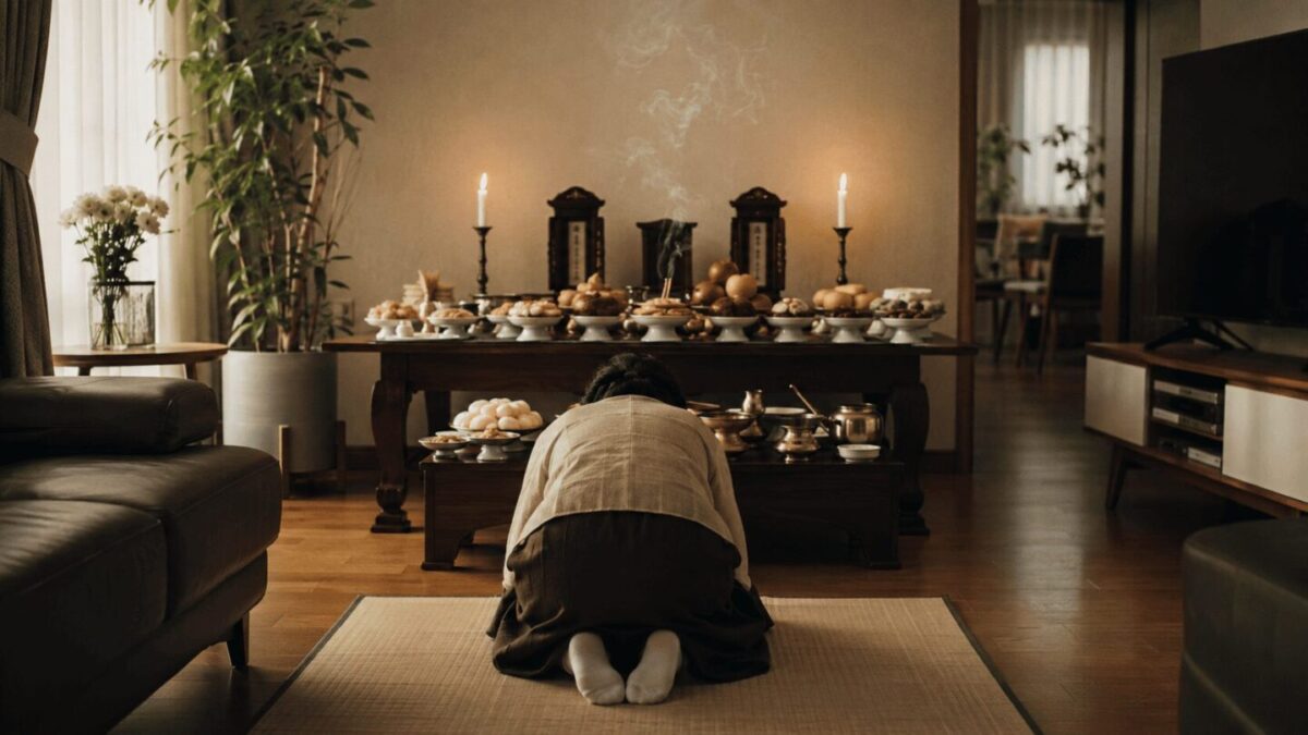 Korean woman bowing at ancestral rite table during Chuseok, Korean Thanksgiving