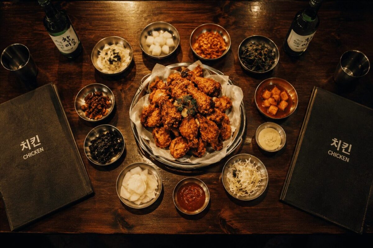 Fried chicken and banchan spread after a dapjeongneo negotiation
