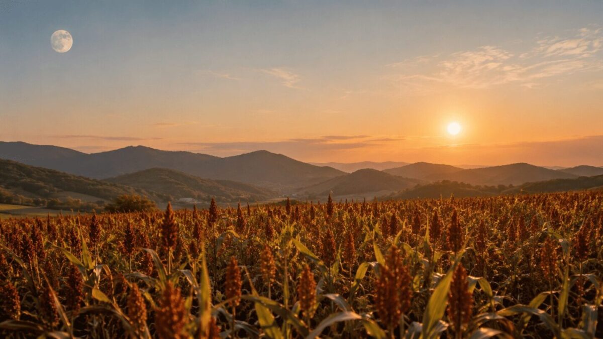 Red sorghum field under the sun and moon from the Korean origin myth