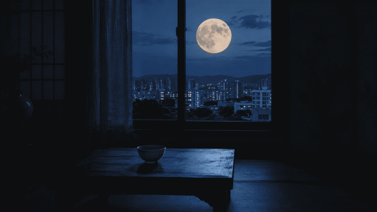 Empty Korean ancestral table under the Chuseok full moon