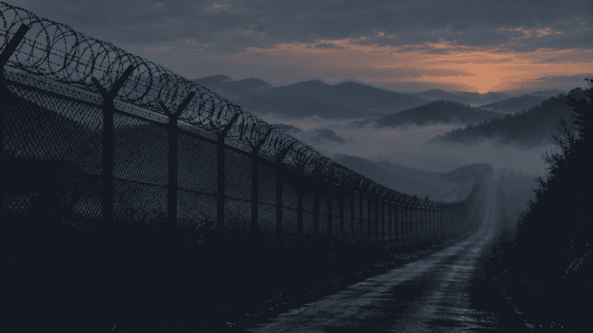 Border fence in fog symbolizing the North Korea language law dividing one language in two