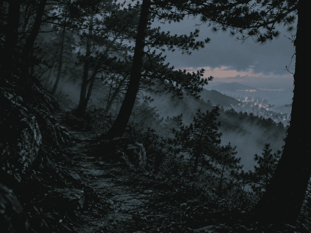 Foggy mountain trail near Busan where the Jangsan Tiger legend is set