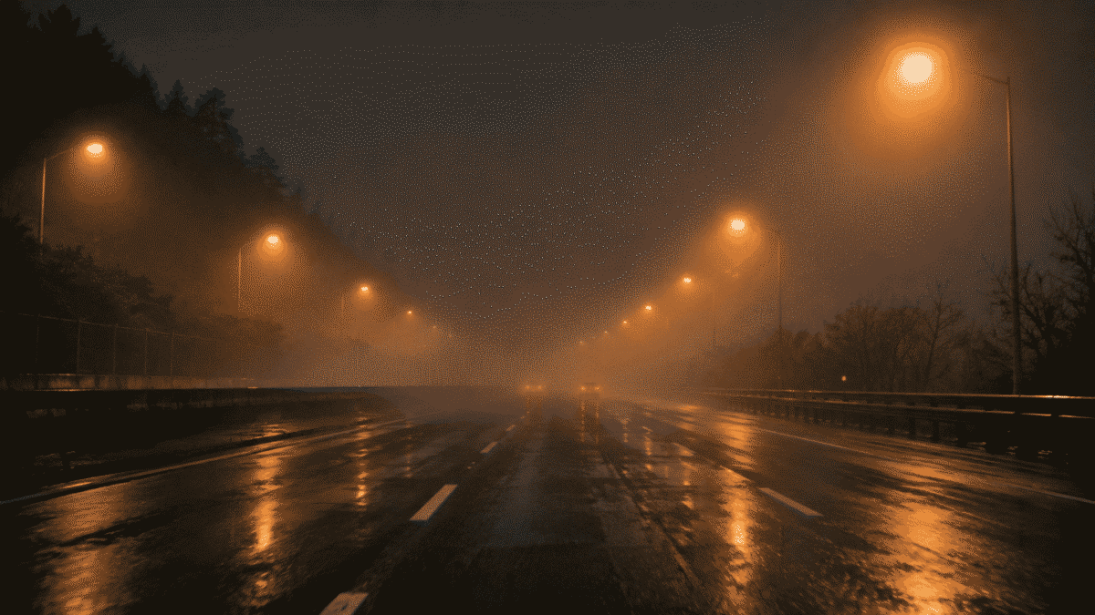 Foggy highway at night north of Seoul, where the Jayuro Ghost is said to appear