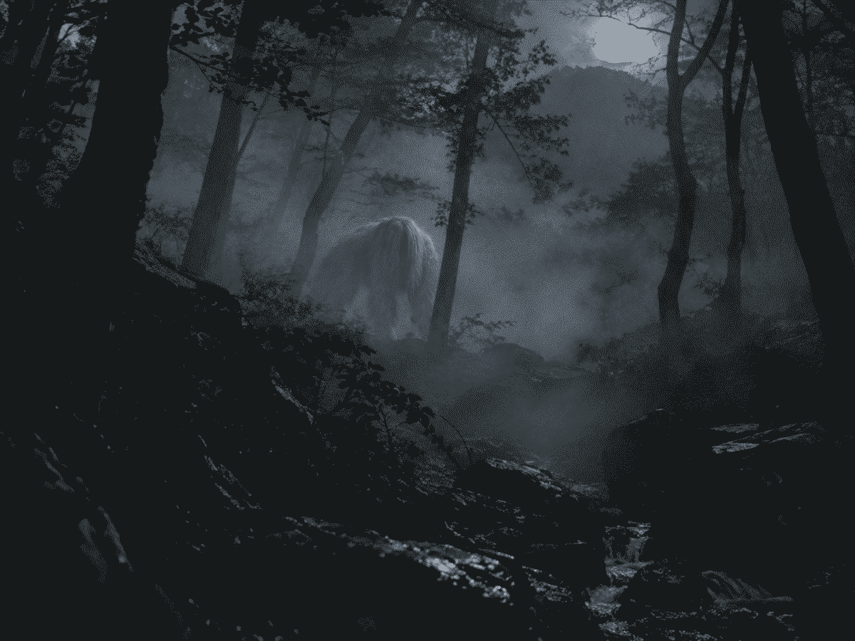 Pale shape in the fog representing the Jangsan Tiger cryptid of Korean urban legend
