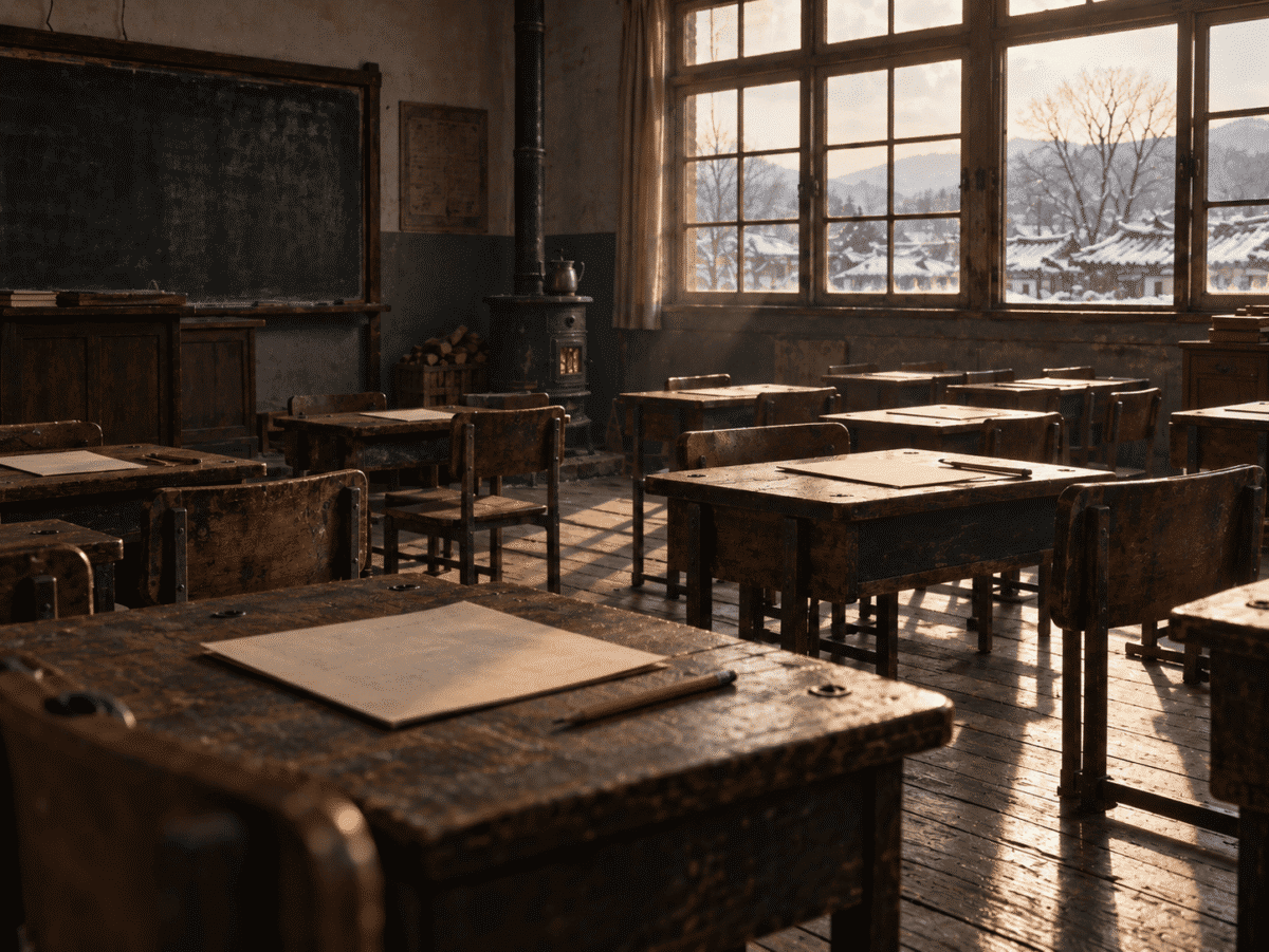 1960s Korean classroom, setting of the 1964 exam question about making Korean yeot