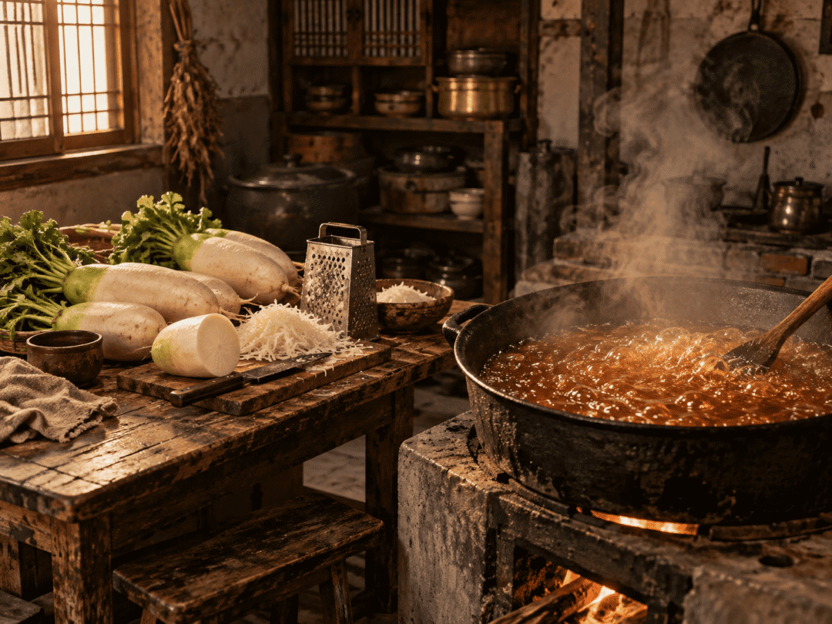 1960s Korean kitchen with radishes and yeot syrup, recalling the 1964 radish juice protest