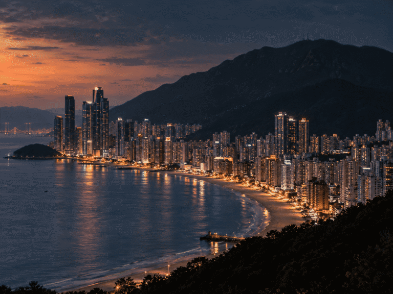 Busan's Haeundae district with Mount Jangsan rising behind it, home of the Jangsan Tiger legend