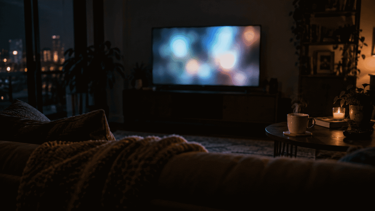 Dark living room lit by a TV screen, watching stories from those who left North Korea