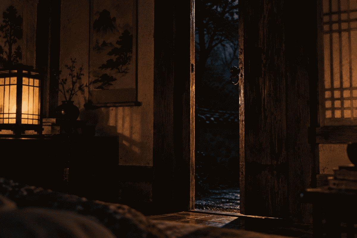 Door slightly open at night, symbolizing the Korean folklore fear behind the Jangsan Tiger