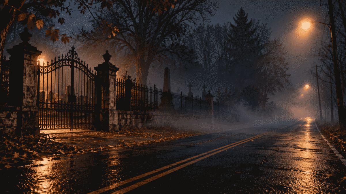 Cemetery gate on a misty road at night, the classic vanishing hitchhiker legend setting