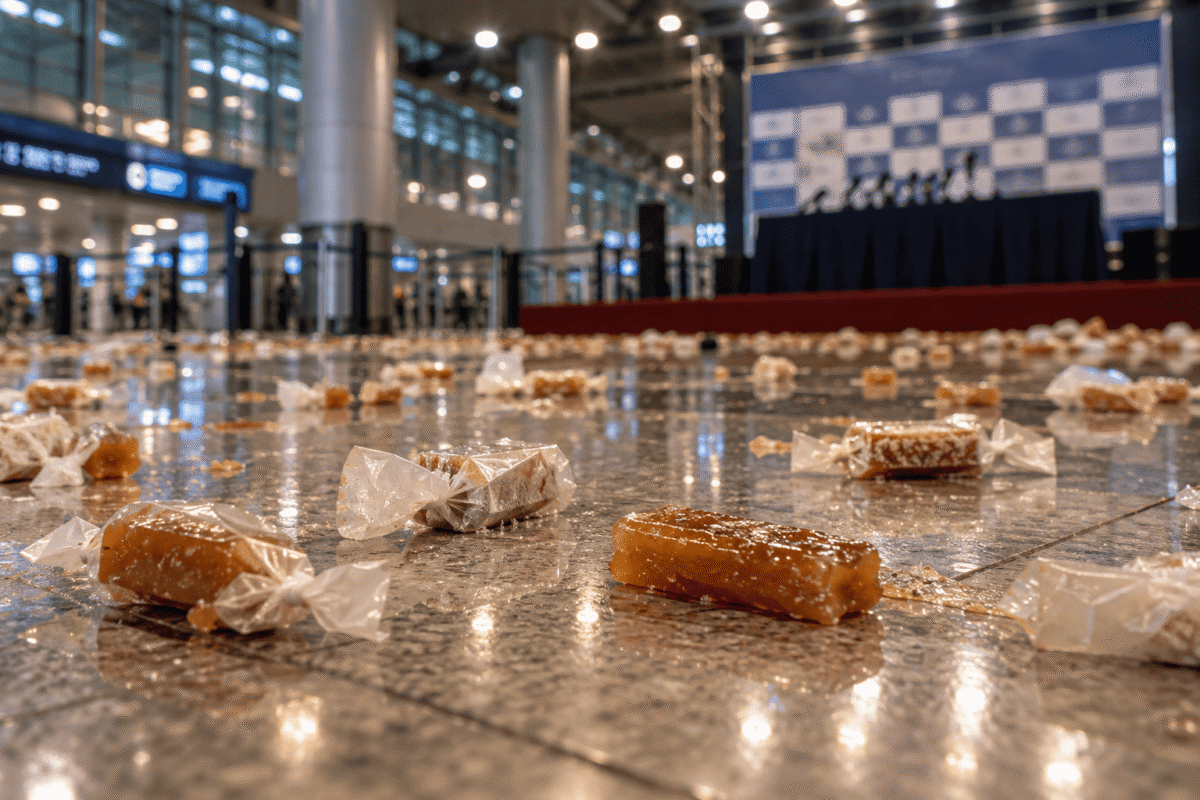 Scattered candy on an airport floor, recalling fans throwing Korean yeot at the 2014 World Cup team