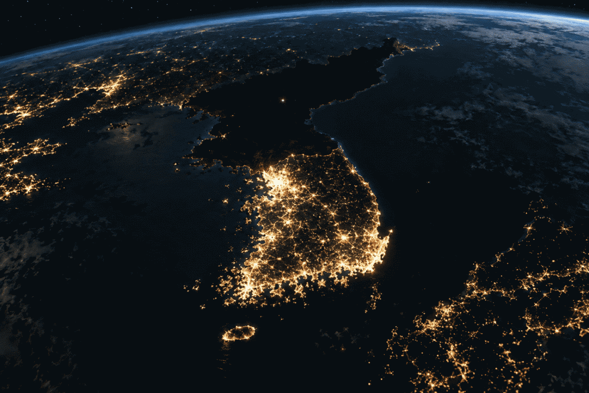 Korean Peninsula at night from space, one side lit and one side dark, echoing the North Korea language law divide