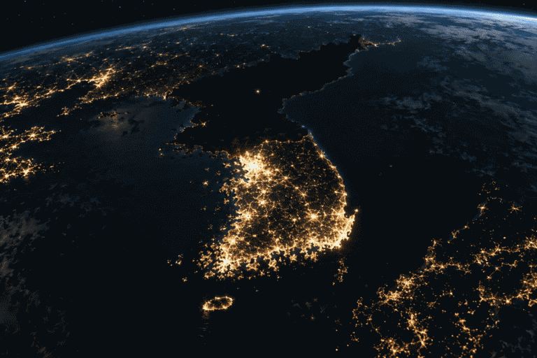Korean Peninsula at night from space, one side lit and one side dark, echoing the North Korea language law divide