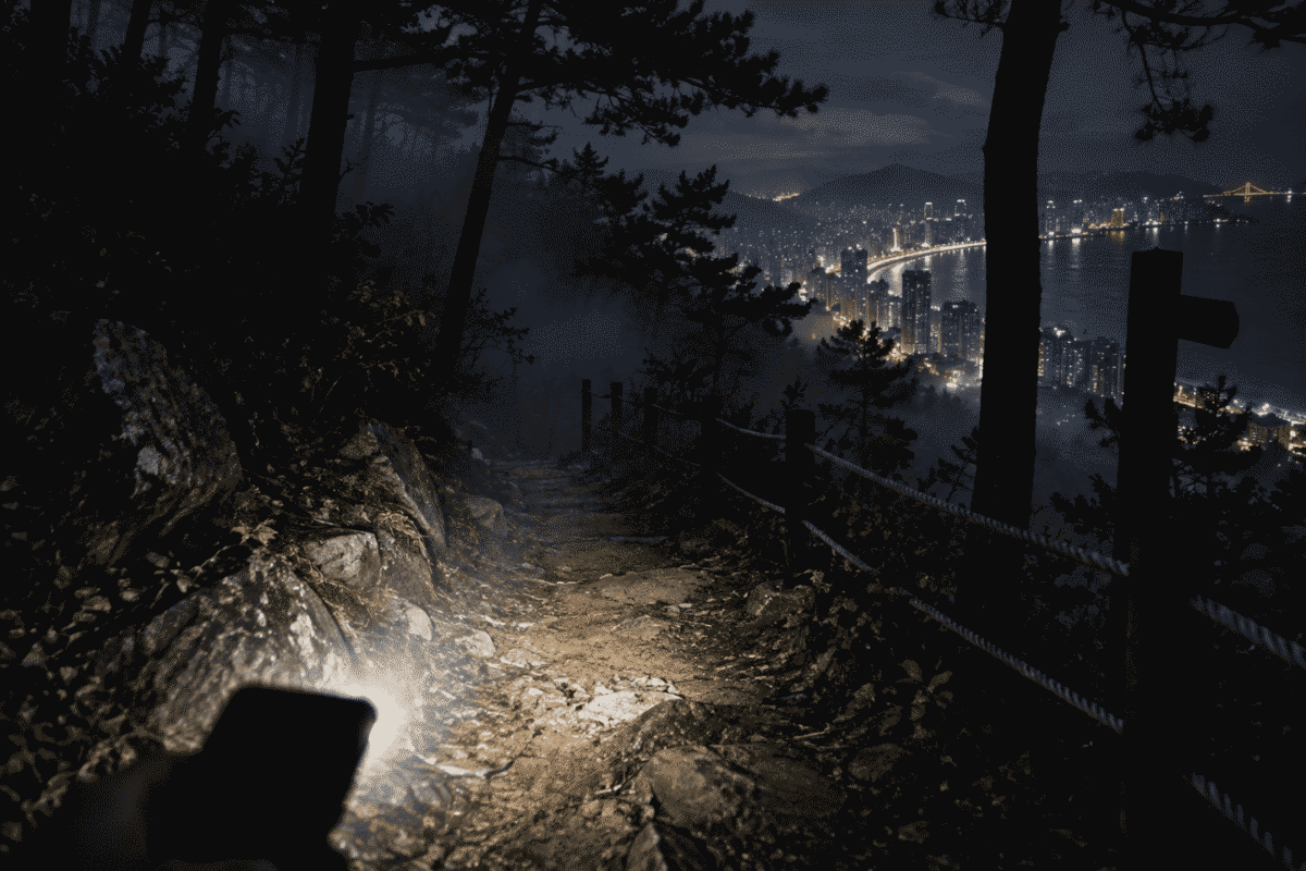 Night hiking trail lit by a phone flashlight, the setting of every Jangsan Tiger encounter