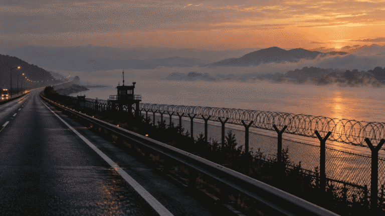 Riverside highway with barbed-wire fence at dawn on Jayuro, Korea's Freedom Road toward the DMZ