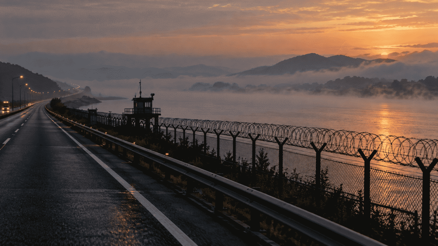 Riverside highway with barbed-wire fence at dawn on Jayuro, Korea's Freedom Road toward the DMZ