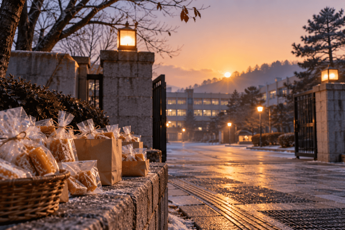 School gate at dawn with Korean yeot gifts left for students on Suneung exam day