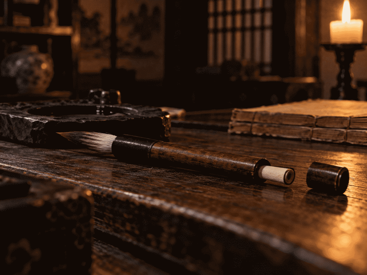Calligraphy brush and a tiny rolled cheat note, showing how Korean exam cheating worked centuries ago