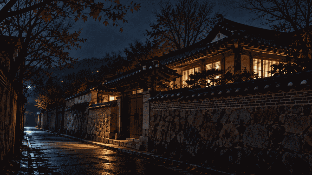 A quiet walled house at night in Seoul, recalling the 1979 night a South Korean president was assassinated