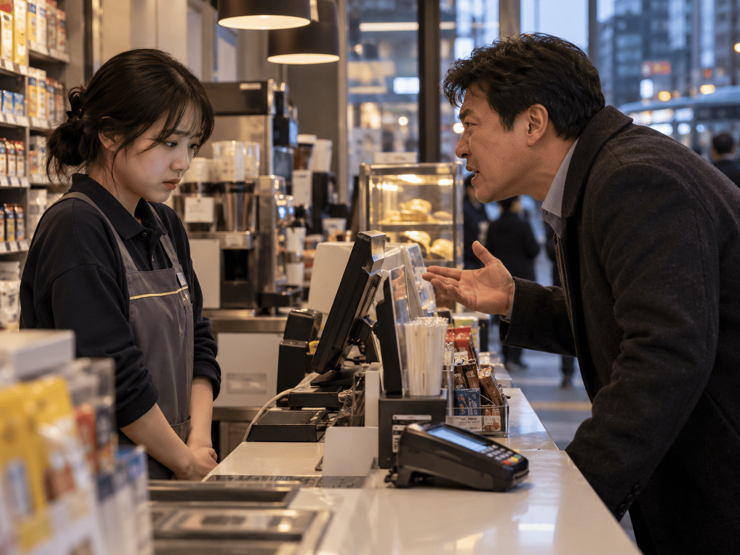 A customer leaning over the counter to scold a young cashier, a scene of everyday gapjil in Korea