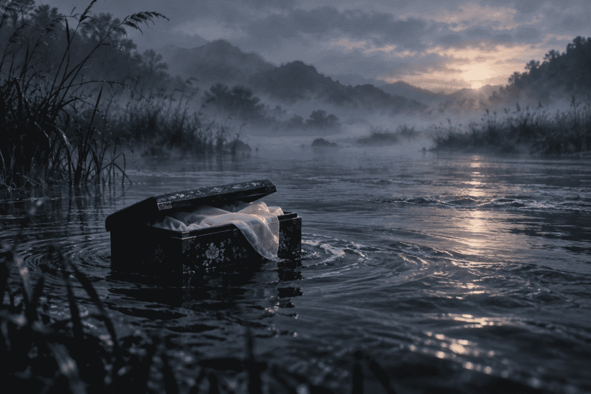 A small wooden box drifting on a misty river, illustrating the Korean myth of Princess Bari, abandoned at birth