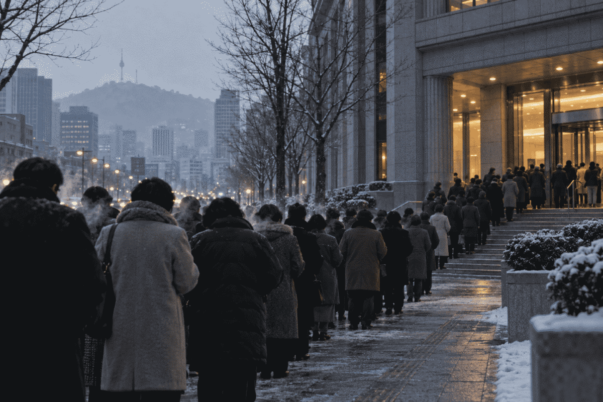 A long line of people in winter coats waiting outside a bank in Seoul during the Korea gold collecting campaign of 1998
