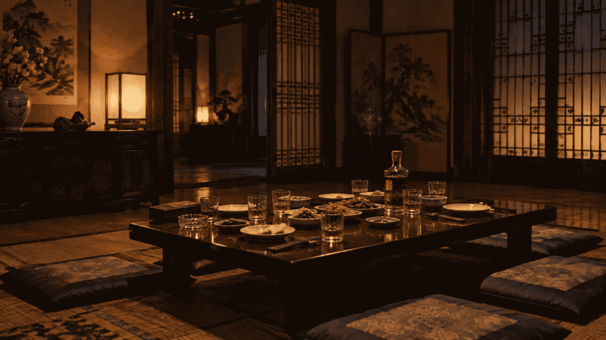 An empty 1970s Korean dining room set with whiskey and dishes, evoking the Park Chung Hee assassination scene