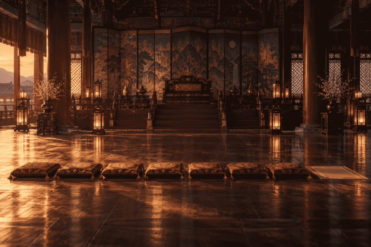 A grand Korean royal hall with a row of silk cushions, symbolizing the palace that rejected Princess Bari