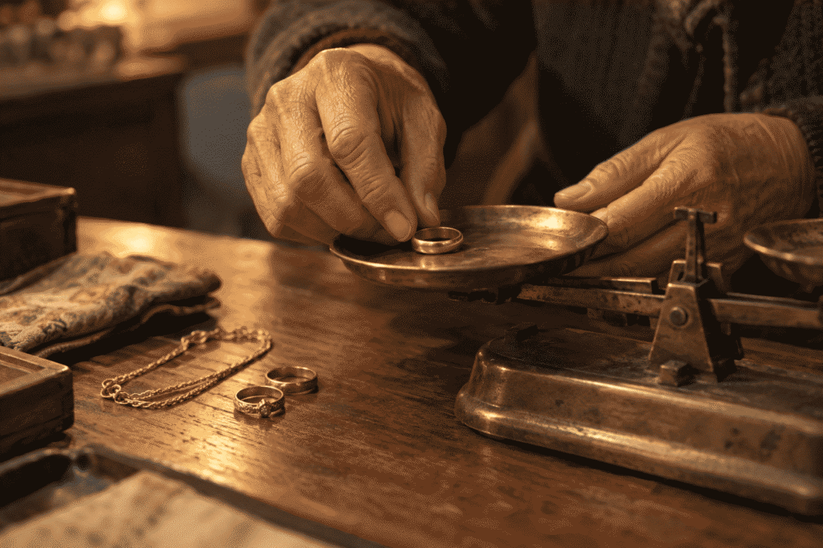 An elderly person’s hands placing a gold ring on a brass scale beside other gold jewelry