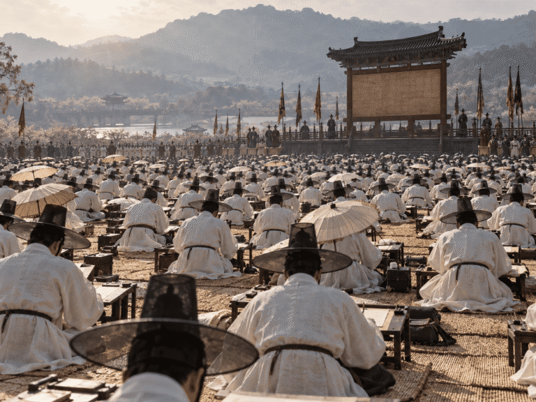Huge crowd of test-takers at a Joseon dynasty gwageo civil service exam in old Korea