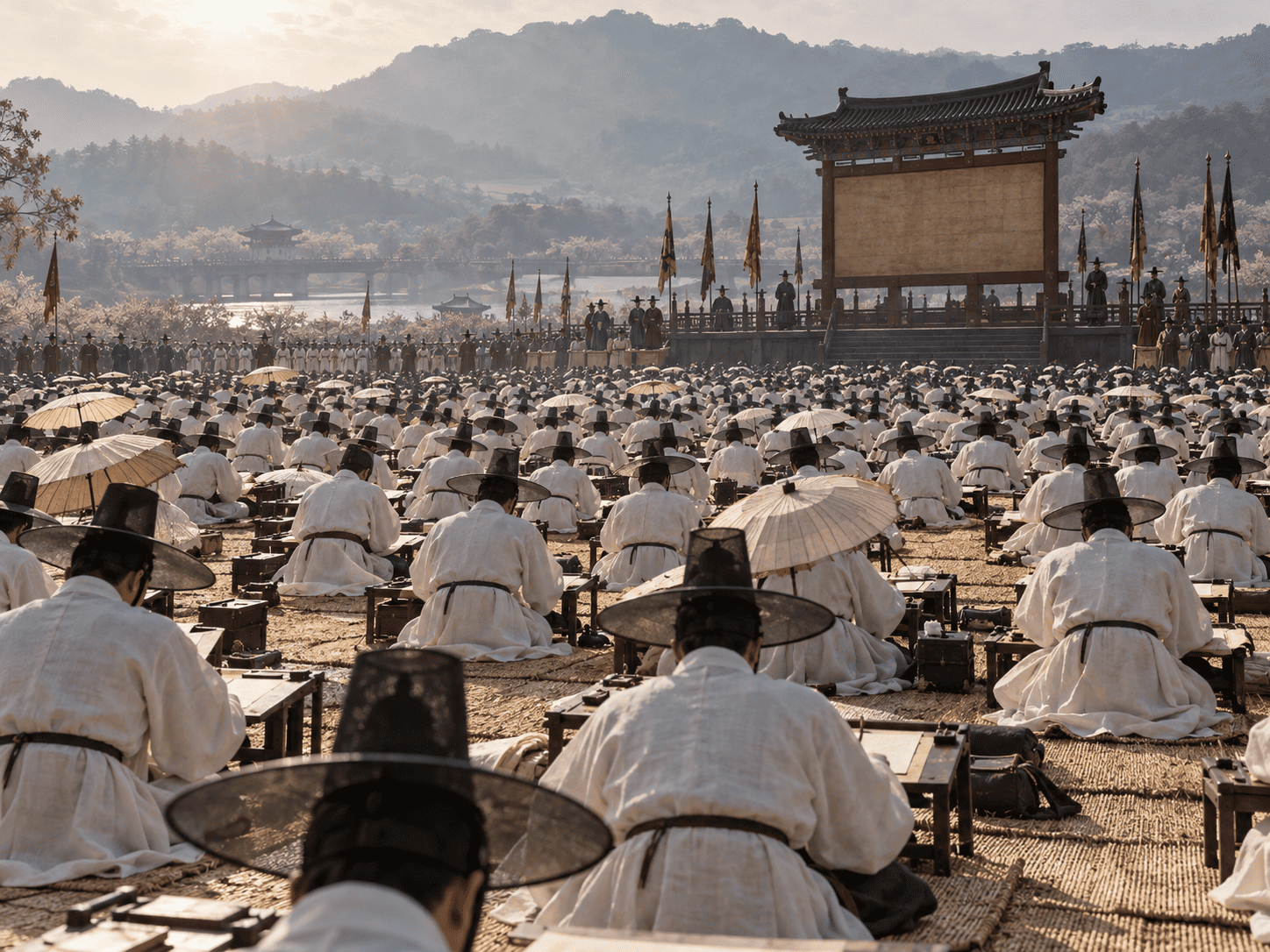 Huge crowd of test-takers at a Joseon dynasty gwageo civil service exam in old Korea