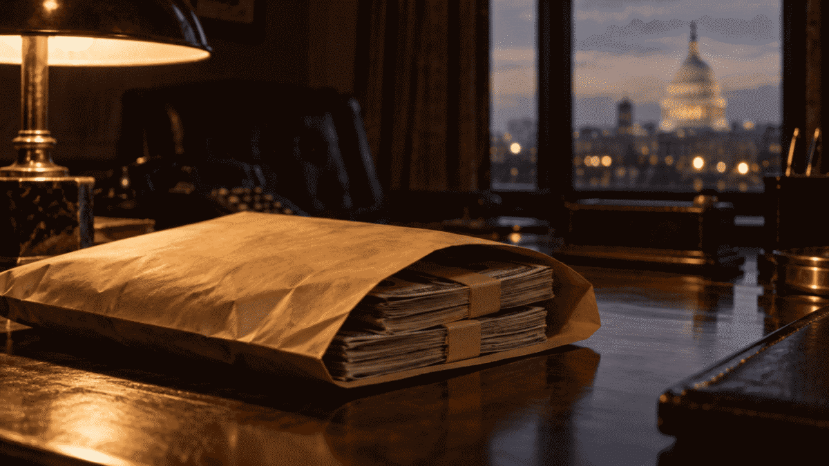 Envelope of cash on a desk overlooking the US Capitol, recalling the Koreagate scandal tied to the Korean CIA