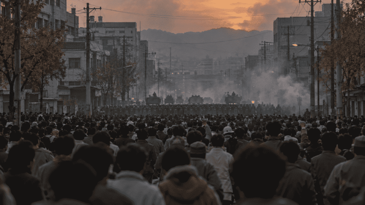 Large protest crowd facing riot police on a 1979 Korean street, days before a South Korean president was assassinated