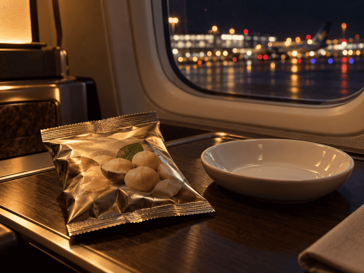 A bag of macadamia nuts beside an empty dish on a plane, recalling the 2014 nut rage case that made gapjil famous