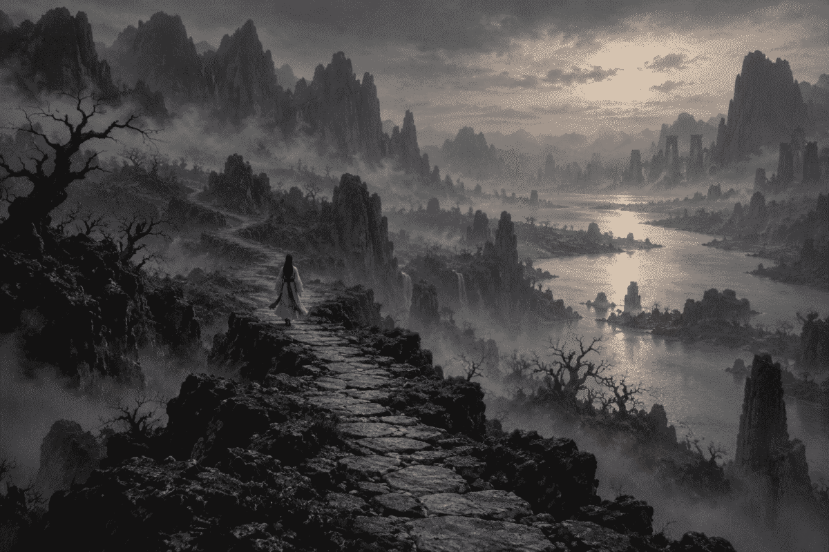 A lone figure walking a misty path through the underworld, depicting Princess Bari’s journey through the land of the dead