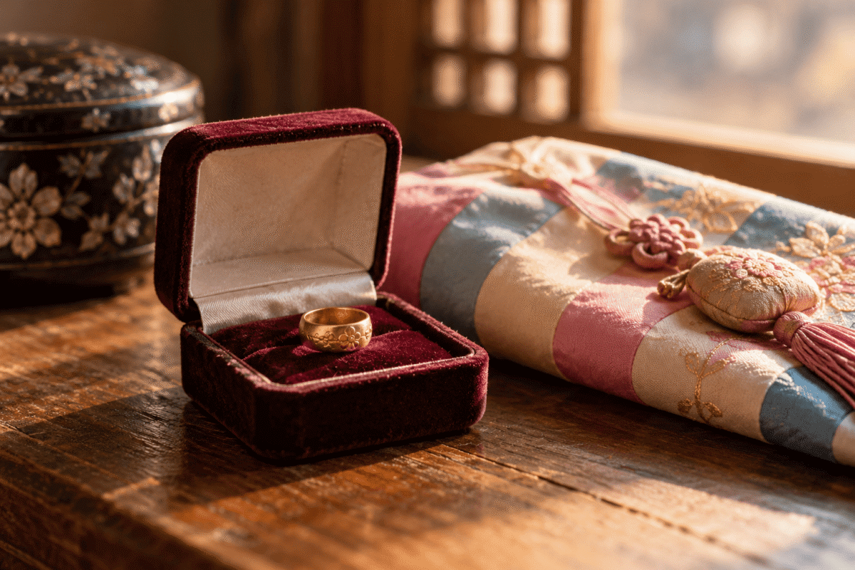A gold ring in a velvet box beside a traditional Korean silk cloth, a keepsake of the kind many families gave up in 1998