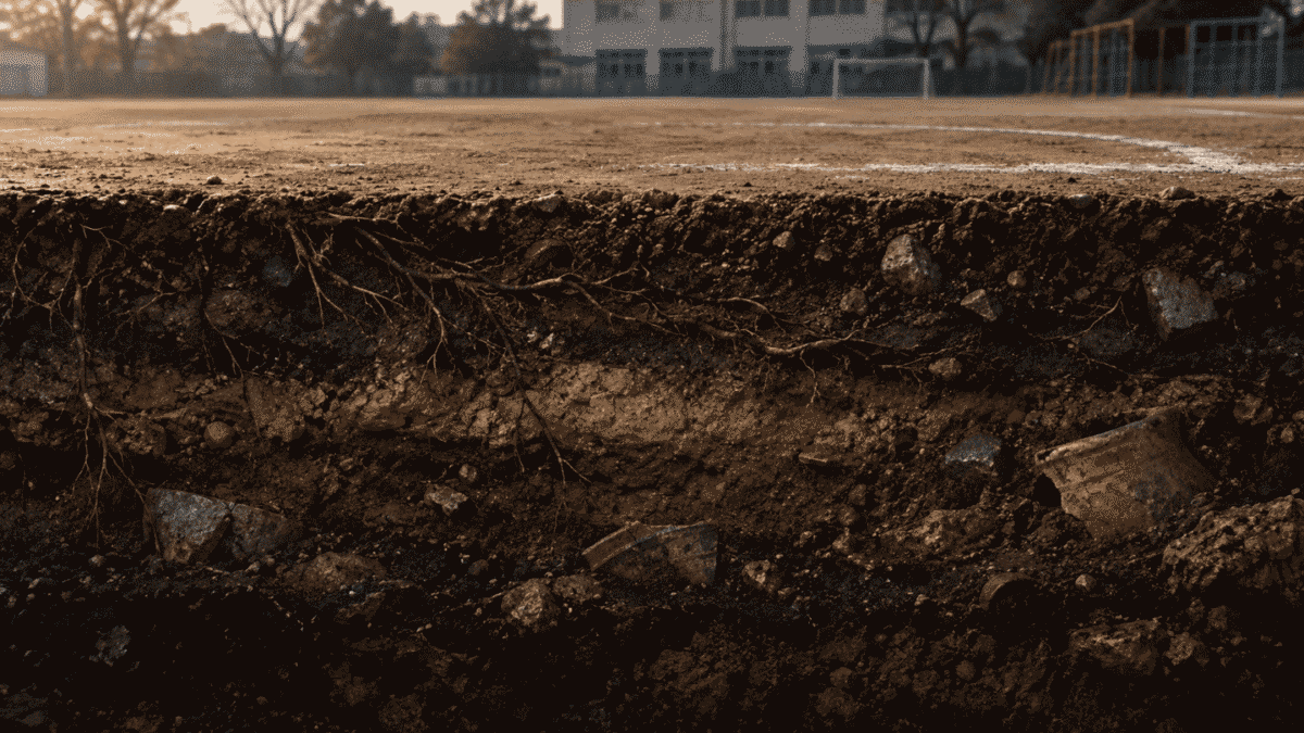 Layers of old soil under a school playground, evoking the graveyard rumor in Korean school ghost stories
