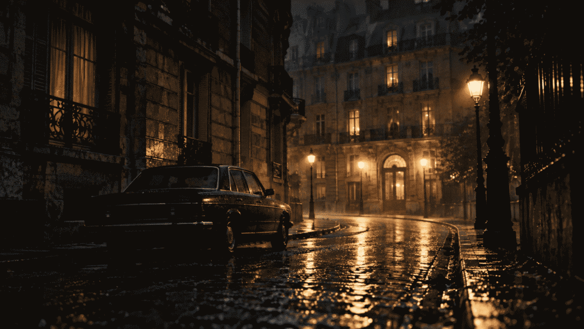 Rain-soaked Paris street at night, where a former Korean CIA director disappeared in 1979