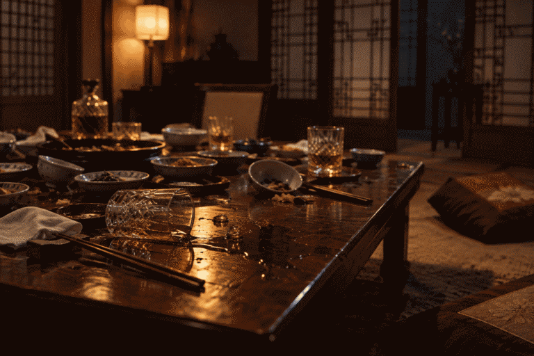 Overturned whiskey glass on a dinner table, symbolizing the aftermath of the Park Chung Hee assassination