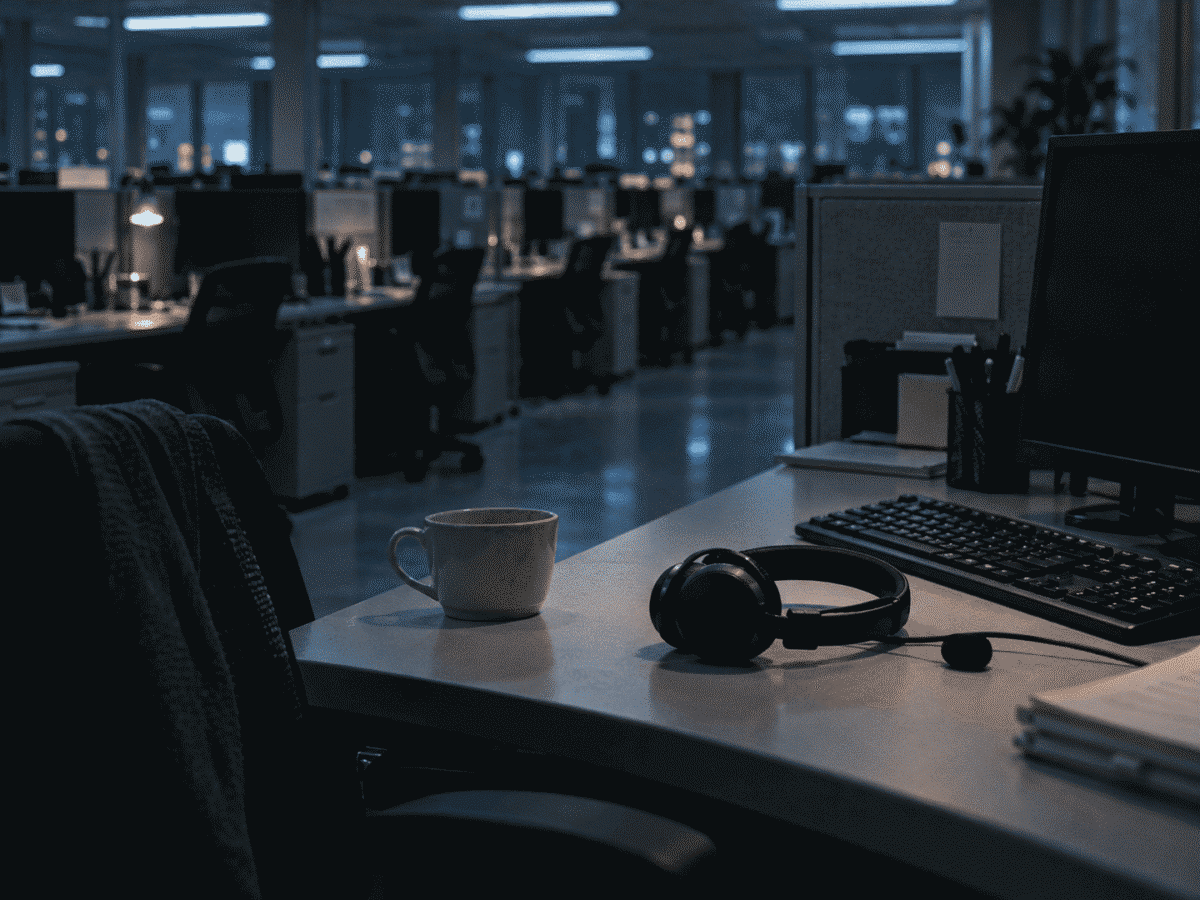 An empty call center desk with a headset, representing Korean workers who face gapjil from callers