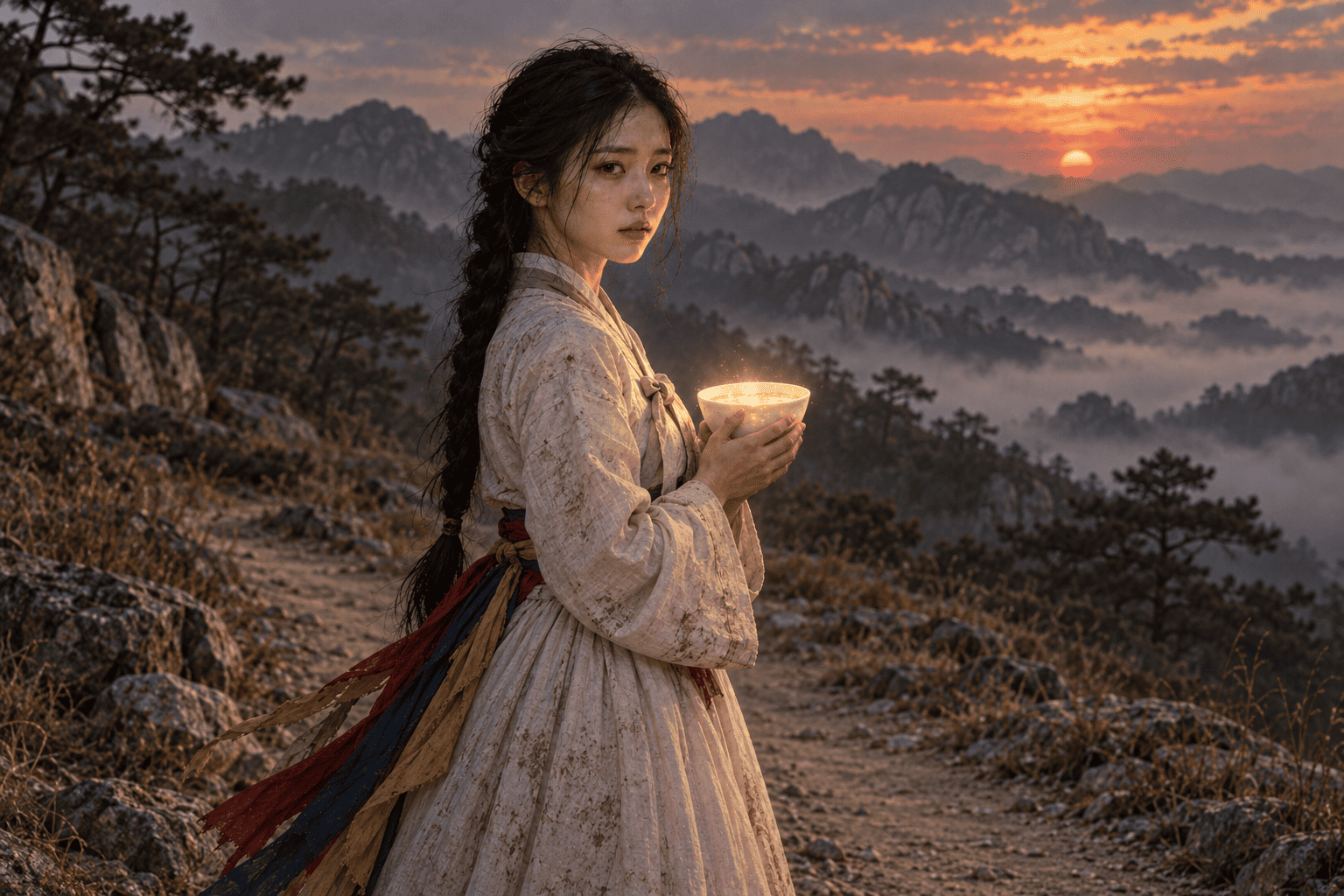 Princess Bari holding a bowl of healing water on a Korean mountain road, from the myth of the abandoned daughter