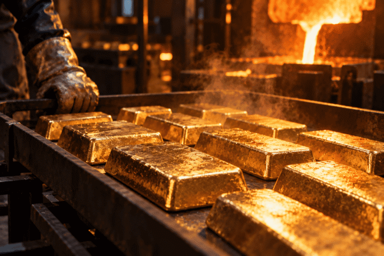 Gold bars cooling in a refinery, made from rings and jewelry collected in the Korea gold collecting campaign