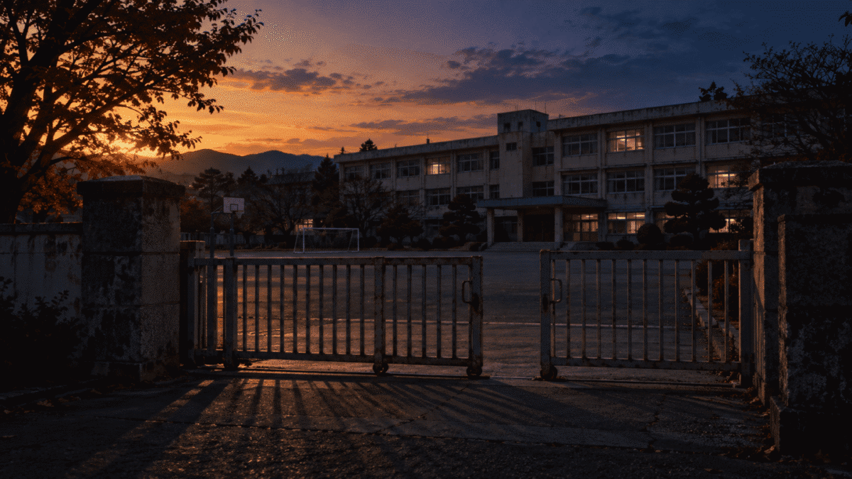 Korean elementary school gate at dusk, closing a story about Korean school ghost stories
