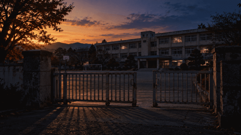 Korean elementary school gate at dusk, closing a story about Korean school ghost stories