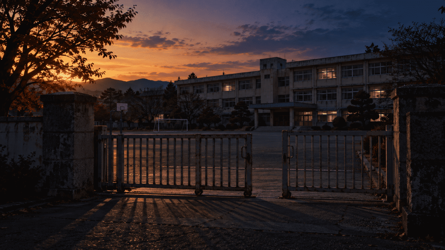 Korean elementary school gate at dusk, closing a story about Korean school ghost stories