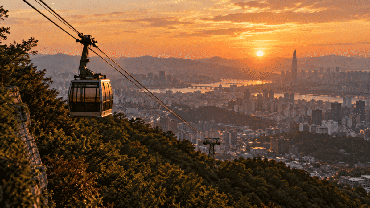 Namsan cable car at sunset over Seoul, a mountain with hidden Korean CIA history