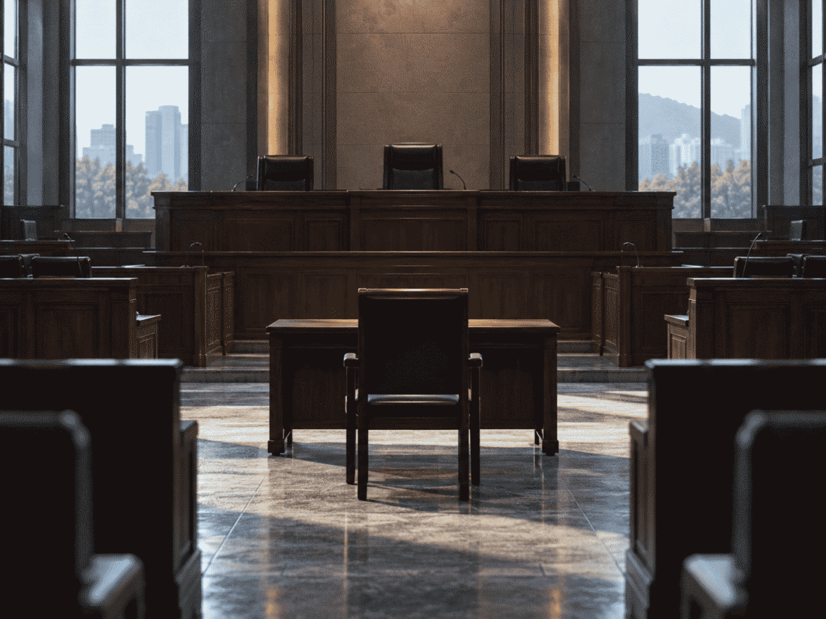 An empty Korean courtroom, where the retrial over the 1979 Park Chung Hee assassination continues