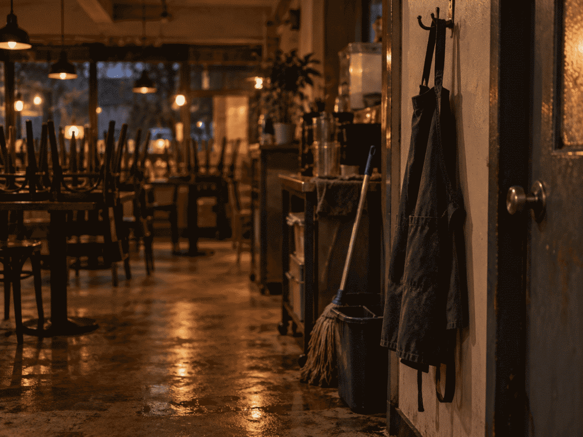 A staff apron hanging in a closed café, a quiet reminder of the workers on the receiving end of gapjil